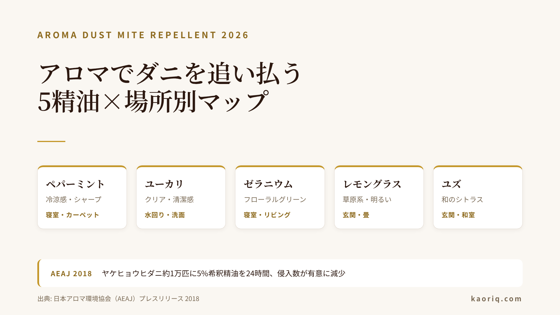 アロマでダニ対策：忌避精油5系統と場所別使い方マップ