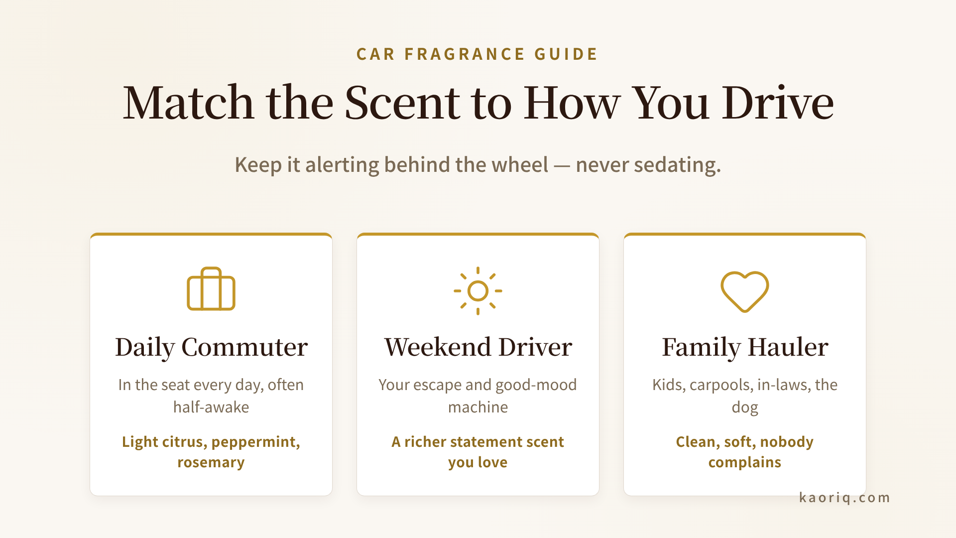 Car scent matched to driver type: commuter, weekend driver, family hauler