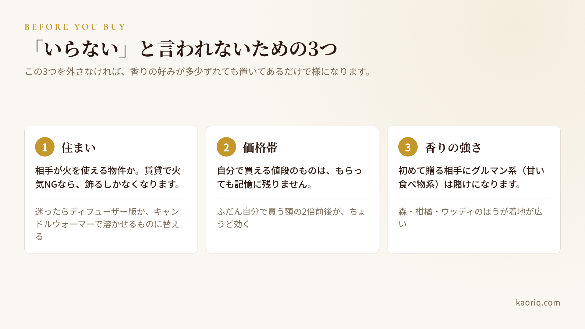 外さないための3条件：住まい・価格帯・香りの強さ