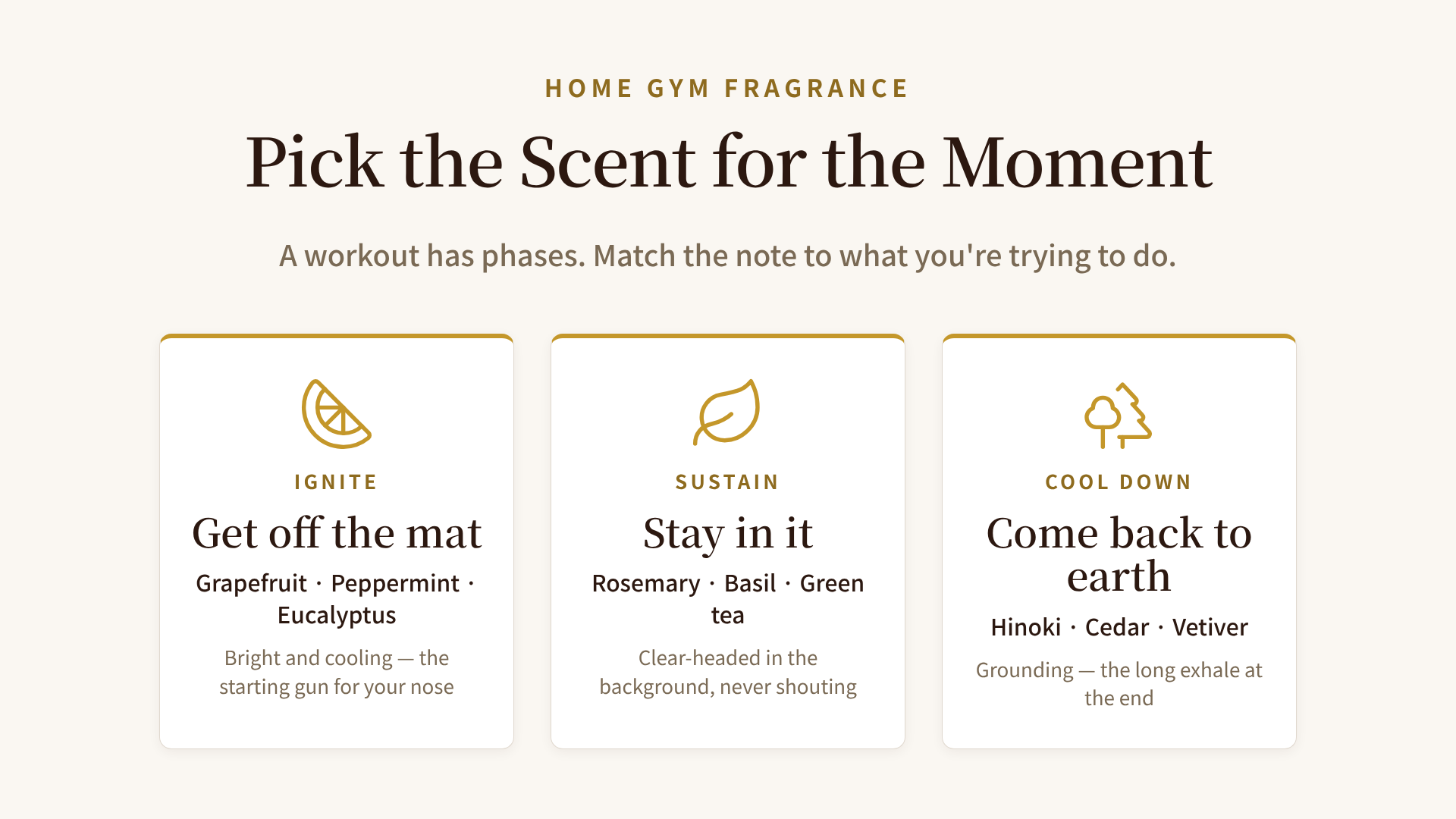 Three scent goals for a home workout space: ignite, sustain, and cool down
