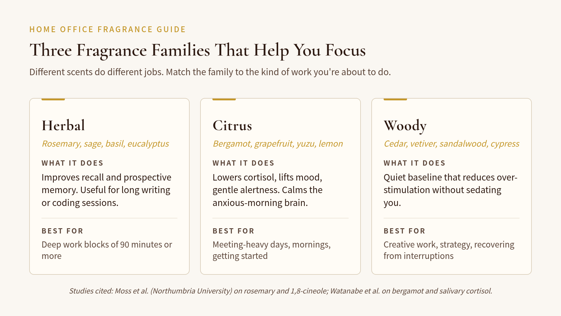 Comparison of focus fragrance families: rosemary, peppermint, bergamot