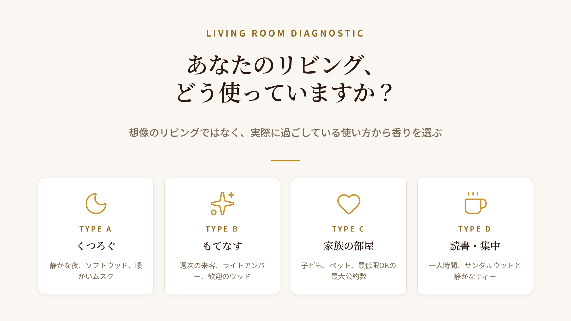 リビングの過ごし方4タイプ：くつろぐ・もてなす・家族・読書