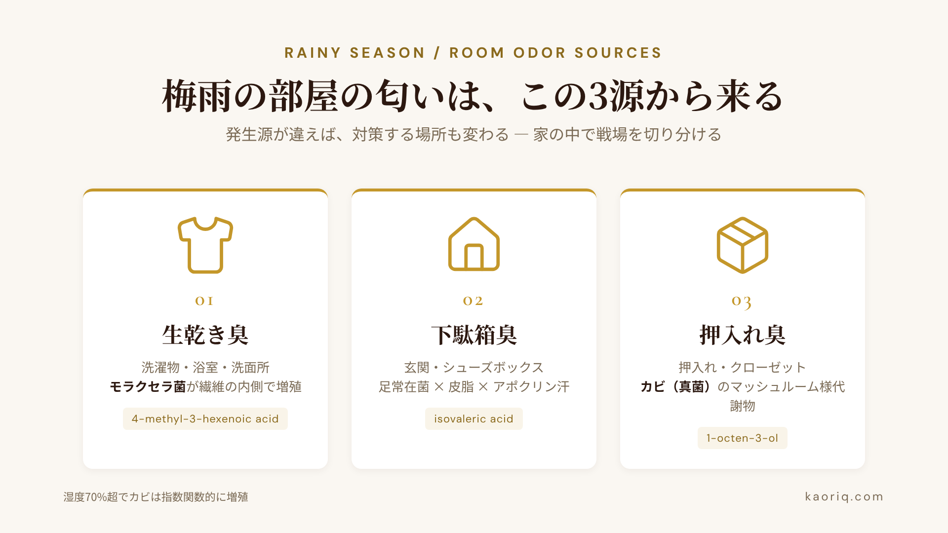 梅雨の部屋の3大湿気源マップ：生乾き臭（モラクセラ菌）、下駄箱臭（イソ吉草酸）、押入れ臭（1-オクテン-3-オール）を家の間取りで示した図